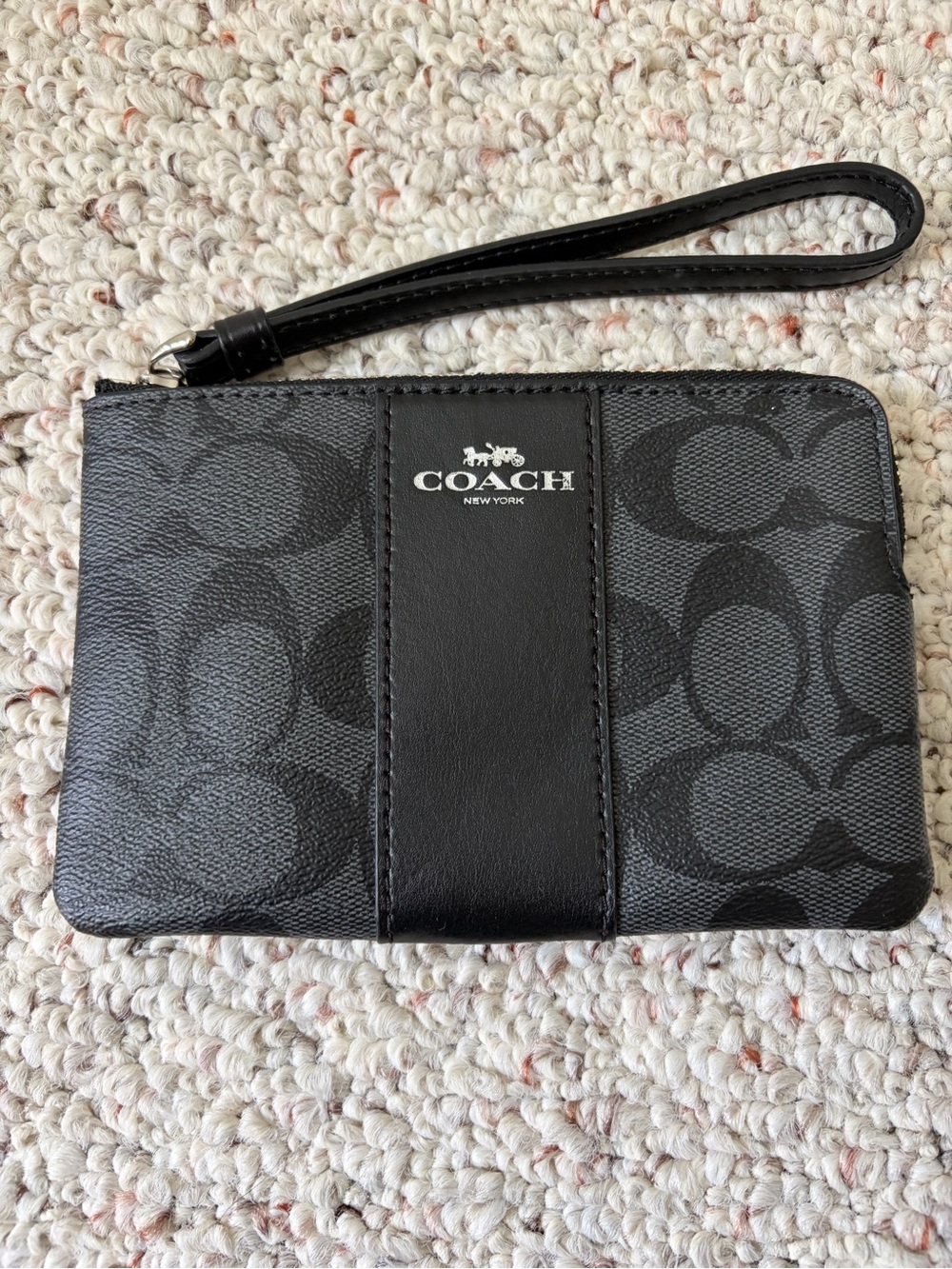 Coach Black Signature Wristlet with Leather Trim